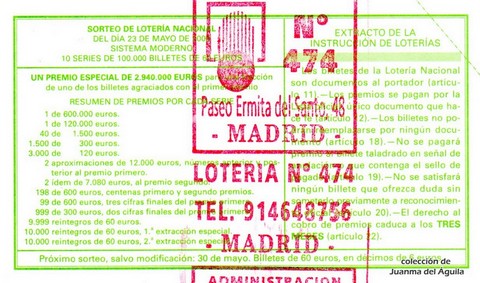 Reverso del décimo de Lotería Nacional de 2009 Sorteo 42