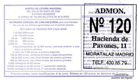 Reverso del décimo de Lotería Nacional de 2009 Sorteo 44