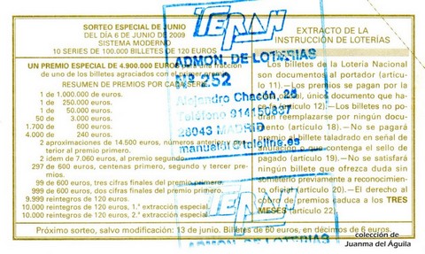 Reverso del décimo de Lotería Nacional de 2009 Sorteo 46