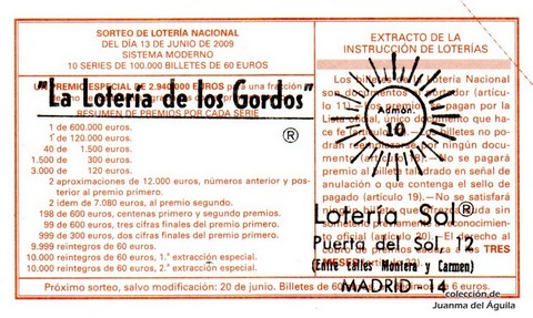 Reverso del décimo de Lotería Nacional de 2009 Sorteo 48