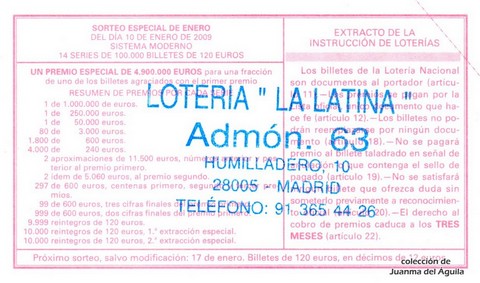 Reverso del décimo de Lotería Nacional de 2009 Sorteo 4