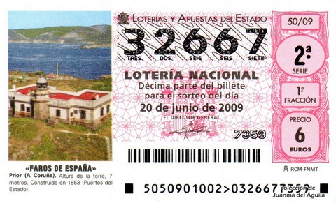 Décimo de Lotería Nacional de 2009 Sorteo 50 - «FAROS DE ESPAÑA». PRIOR (A CORUÑA).