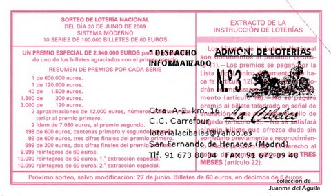 Reverso del décimo de Lotería Nacional de 2009 Sorteo 50