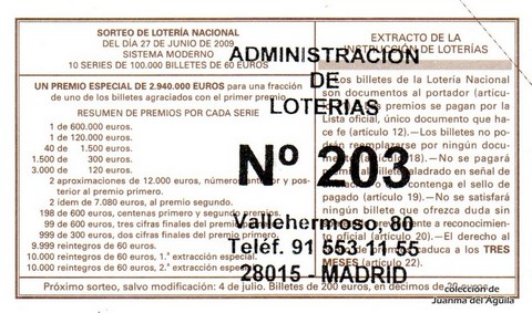 Reverso del décimo de Lotería Nacional de 2009 Sorteo 52