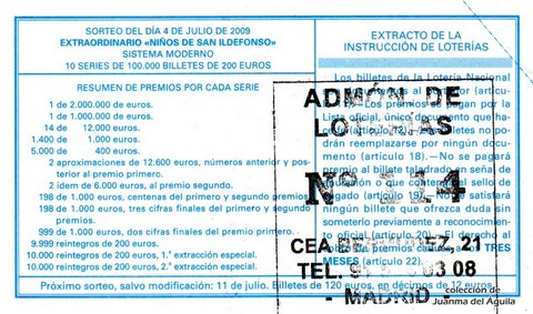 Reverso del décimo de Lotería Nacional de 2009 Sorteo 54