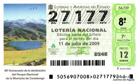 Décimo de Lotería Nacional de 2009 Sorteo 56 - 90 Aniversario de la declaración del Parque Nacional de la Montaña de Covadonga