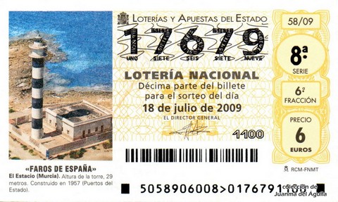 Décimo de Lotería Nacional de 2009 Sorteo 58 - «FAROS DE ESPAÑA». EL ESTACIO (MURCIA).