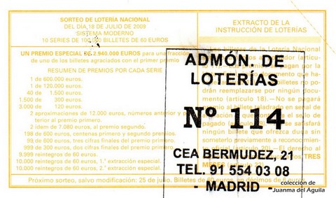 Reverso del décimo de Lotería Nacional de 2009 Sorteo 58