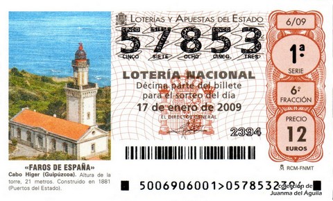 Décimo de Lotería Nacional de 2009 Sorteo 6 - «FAROS DE ESPAÑA». CABO HIGER (GUIPÚZCOA)