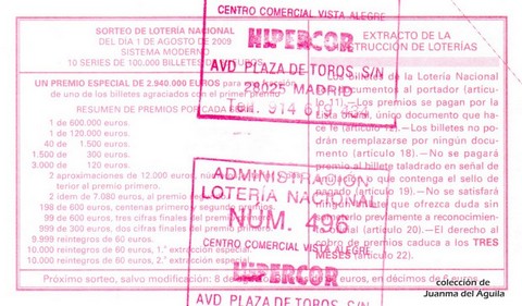 Reverso del décimo de Lotería Nacional de 2009 Sorteo 62