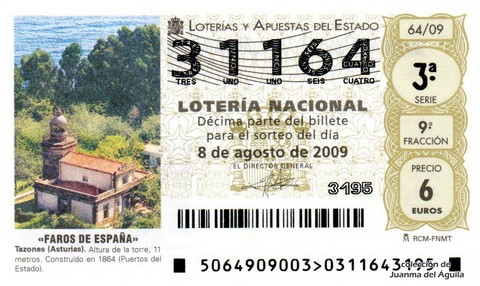 Décimo de Lotería Nacional de 2009 Sorteo 64 - «FAROS DE ESPAÑA». TAZONES (ASTURIAS).