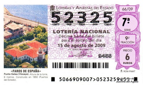 Décimo de Lotería Nacional de 2009 Sorteo 66 - «FAROS DE ESPAÑA». PUNTA GALEA (VIZCAYA).