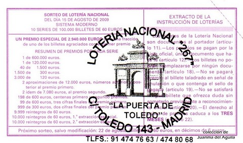 Reverso del décimo de Lotería Nacional de 2009 Sorteo 66