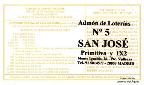 Reverso del décimo de Lotería Nacional de 2009 Sorteo 68