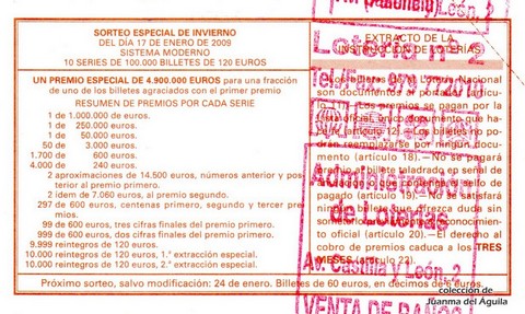 Reverso del décimo de Lotería Nacional de 2009 Sorteo 6