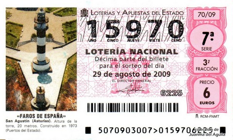 Décimo de Lotería Nacional de 2009 Sorteo 70 - «FAROS DE ESPAÑA». SAN AGUSTÍN (ASTURIAS).