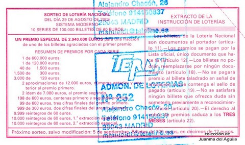 Reverso del décimo de Lotería Nacional de 2009 Sorteo 70