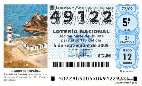 Décimo de Lotería Nacional de 2009 Sorteo 72 - «FAROS DE ESPAÑA». TOURIÑÁN (A CORUÑA).