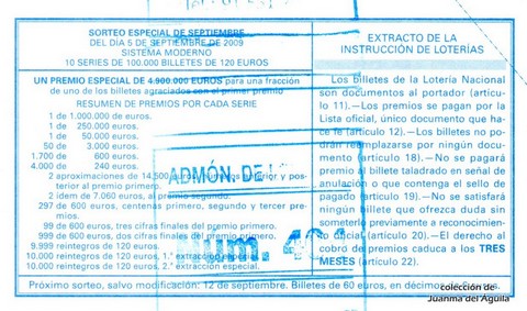 Reverso del décimo de Lotería Nacional de 2009 Sorteo 72