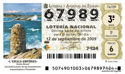 Décimo de Lotería Nacional de 2009 Sorteo 74 - «L' ESCALA-EMPÚRIES» (COSTA BRAVA)