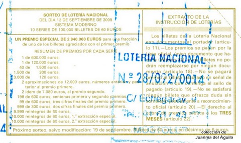 Reverso del décimo de Lotería Nacional de 2009 Sorteo 74