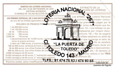 Reverso del décimo de Lotería Nacional de 2009 Sorteo 76