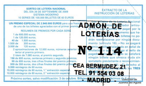 Reverso décimo de Lotería 2009 / 78