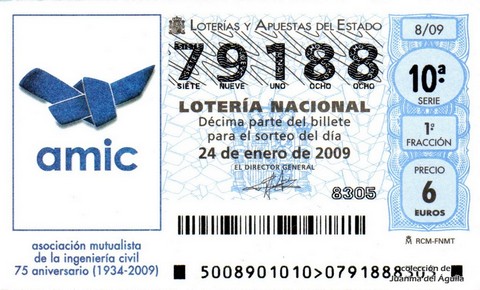 Décimo de Lotería Nacional de 2009 Sorteo 8 - asociación mutualista de la ingeniería civil