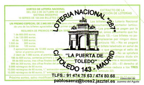 Reverso del décimo de Lotería Nacional de 2009 Sorteo 80