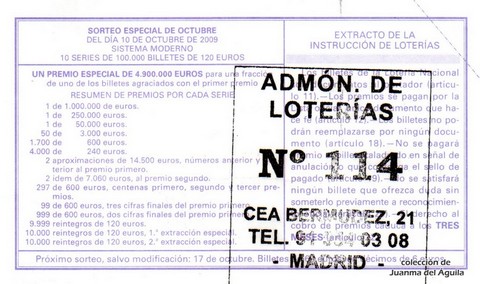 Reverso del décimo de Lotería Nacional de 2009 Sorteo 82