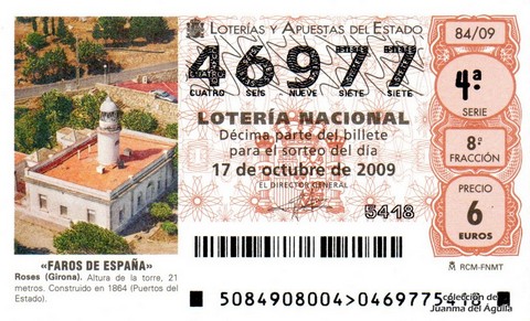 Décimo de Lotería Nacional de 2009 Sorteo 84 - «FAROS DE ESPAÑA». ROSES (GIRONA).