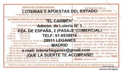 Reverso del décimo de Lotería Nacional de 2009 Sorteo 84