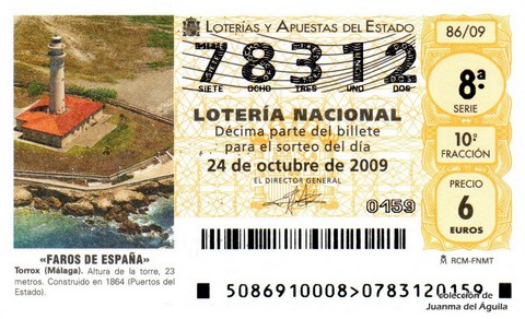 Décimo de Lotería Nacional de 2009 Sorteo 86 - «FAROS DE ESPAÑA». TORROX (MÁLAGA).