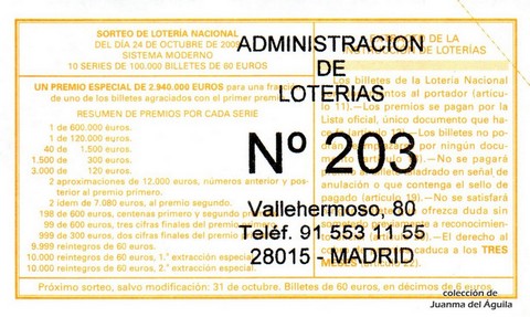 Reverso del décimo de Lotería Nacional de 2009 Sorteo 86