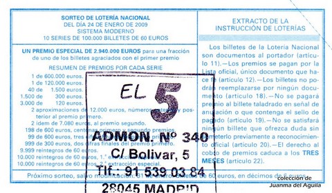 Reverso del décimo de Lotería Nacional de 2009 Sorteo 8