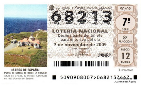 Décimo de Lotería Nacional de 2009 Sorteo 90 - «FAROS DE ESPAÑA». PUNTA DE ESTACA DE BARES (A CORUÑA).