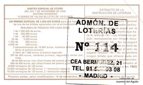 Reverso del décimo de Lotería Nacional de 2009 Sorteo 90