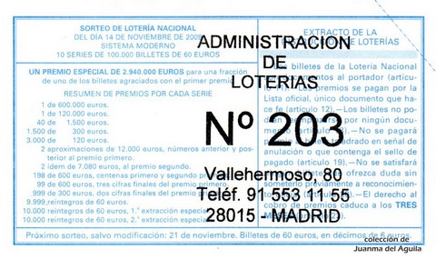 Reverso del décimo de Lotería Nacional de 2009 Sorteo 92