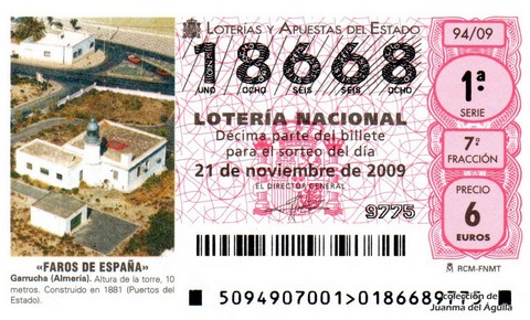 Décimo de Lotería Nacional de 2009 Sorteo 94 - «FAROS DE ESPAÑA». GARRUCHA (ALMERÍA).