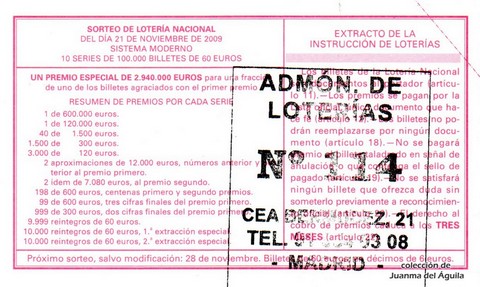 Reverso del décimo de Lotería Nacional de 2009 Sorteo 94