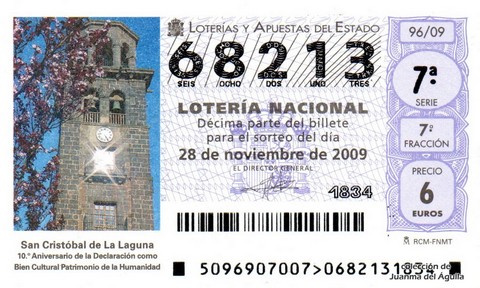 Décimo de Lotería Nacional de 2009 Sorteo 96 - «SAN CRISTÓBAL DE LA LAGUNA»