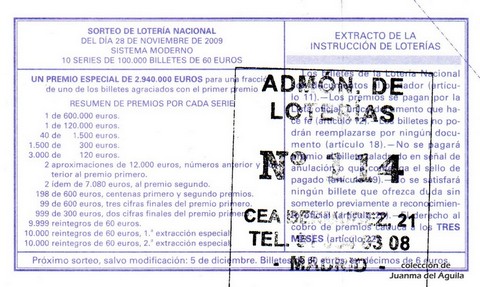 Reverso del décimo de Lotería Nacional de 2009 Sorteo 96