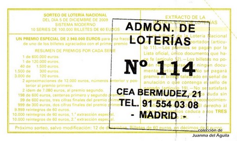 Reverso del décimo de Lotería Nacional de 2009 Sorteo 98