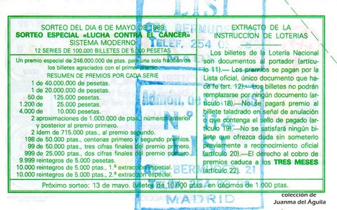 Reverso del décimo de Lotería Nacional de 1989 Sorteo 18