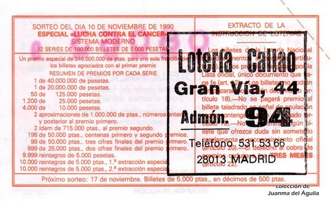 Reverso del décimo de Lotería Nacional de 1990 Sorteo 45