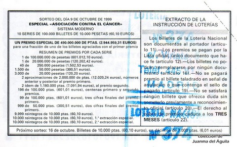 Reverso del décimo de Lotería Nacional de 1999 Sorteo 81