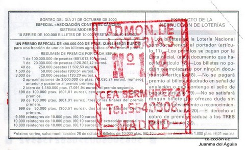 Reverso del décimo de Lotería Nacional de 2000 Sorteo 83