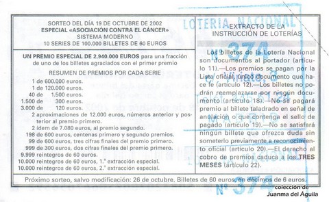 Reverso del décimo de Lotería Nacional de 2002 Sorteo 83