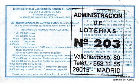 Reverso del décimo de Lotería Nacional de 2005 Sorteo 26