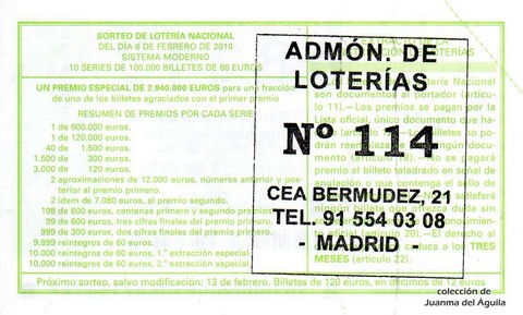 Reverso del décimo de Lotería Nacional de 2010 Sorteo 10